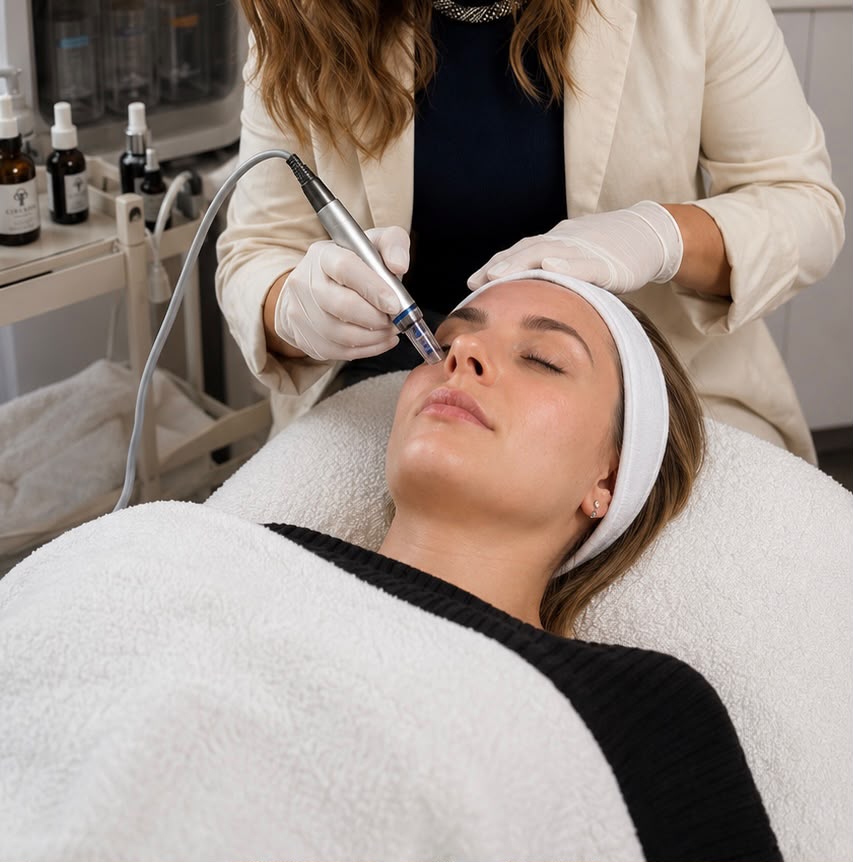 Kosmetikerin behandelt das Gesicht einer Kundin mit einem Microneedling-Gerät