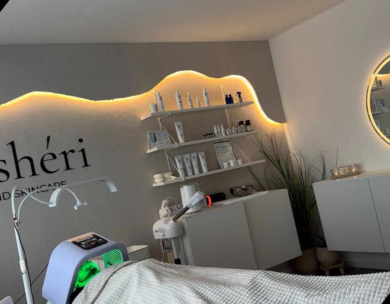 Behandlungsraum des Studios Ma.shéri mit hinterleuchteter Wellenwand, Produktregal, LED-Maske und Behandlungsliege