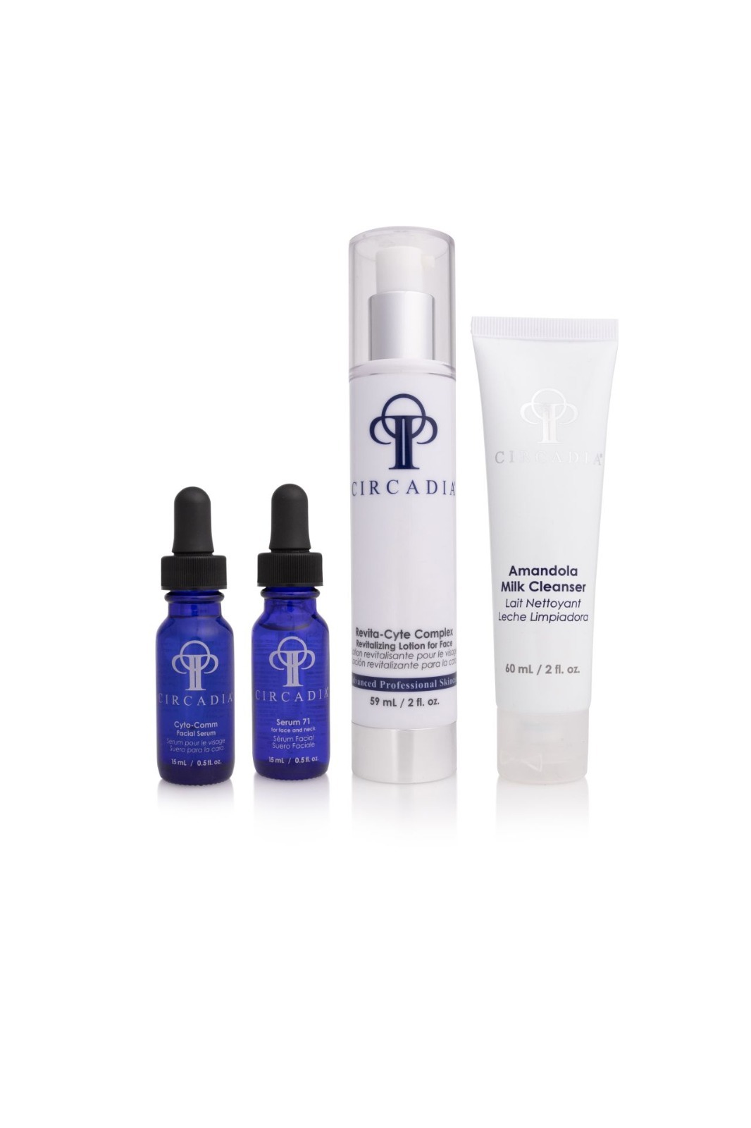 Vier Circadia Produkte für anspruchsvolle Haut: Cyto-Comm Facial Serum, Serum 71 für Gesicht und Hals, Revita-Cyte Complex und Amandola Milk Cleanser
