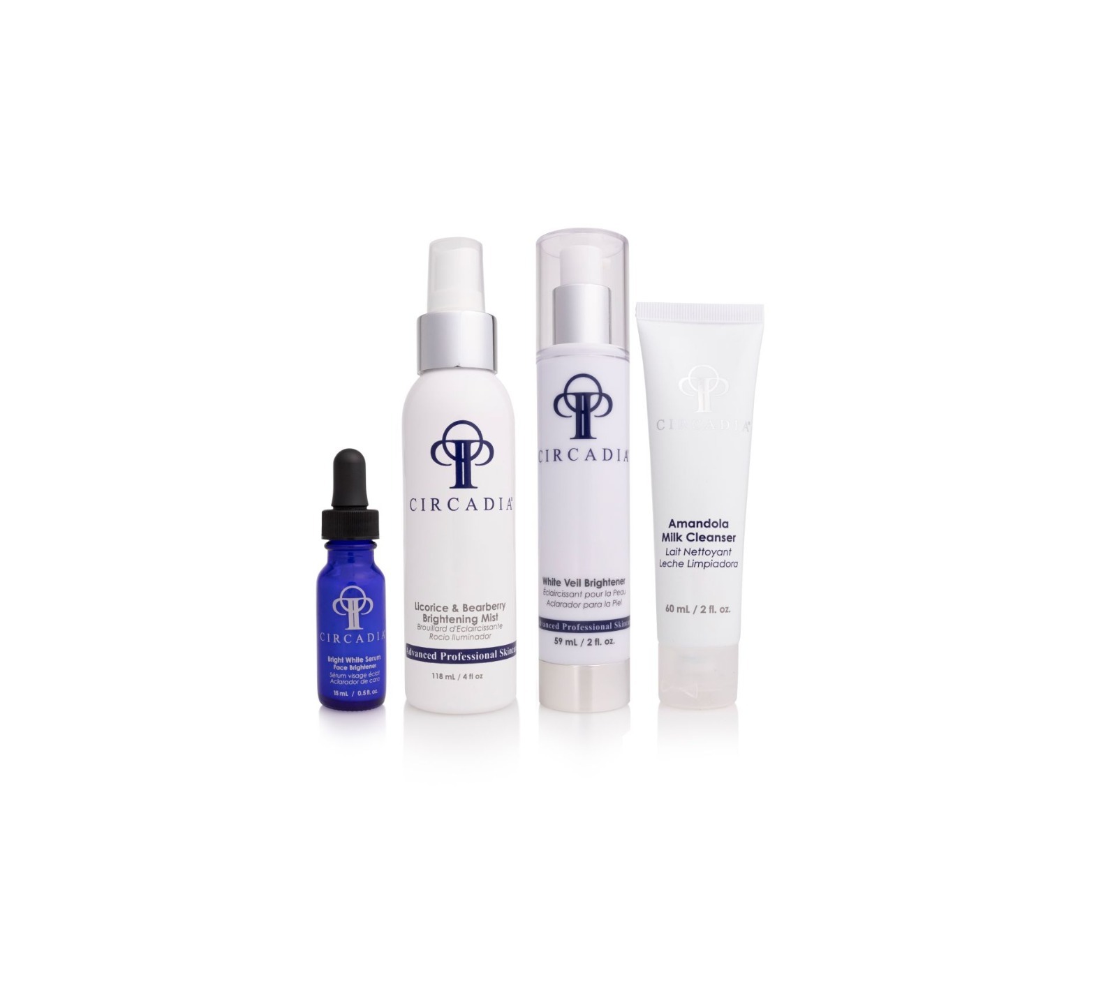 Vier Circadia Produkte für einen ebenmäßigen Teint: Bright White Serum, Licorice & Bearberry Brightening Mist, White Veil Brightener und Amandola Milk Cleanser