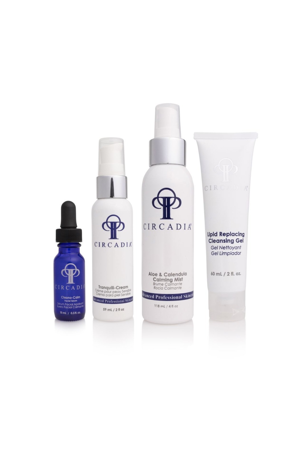 Vier Circadia Produkte für sensible Haut: Chrono-Calm Facial Serum, Tranquili-Cream, Aloe & Calendula Calming Mist und Lipid Replacing Cleansing Gel